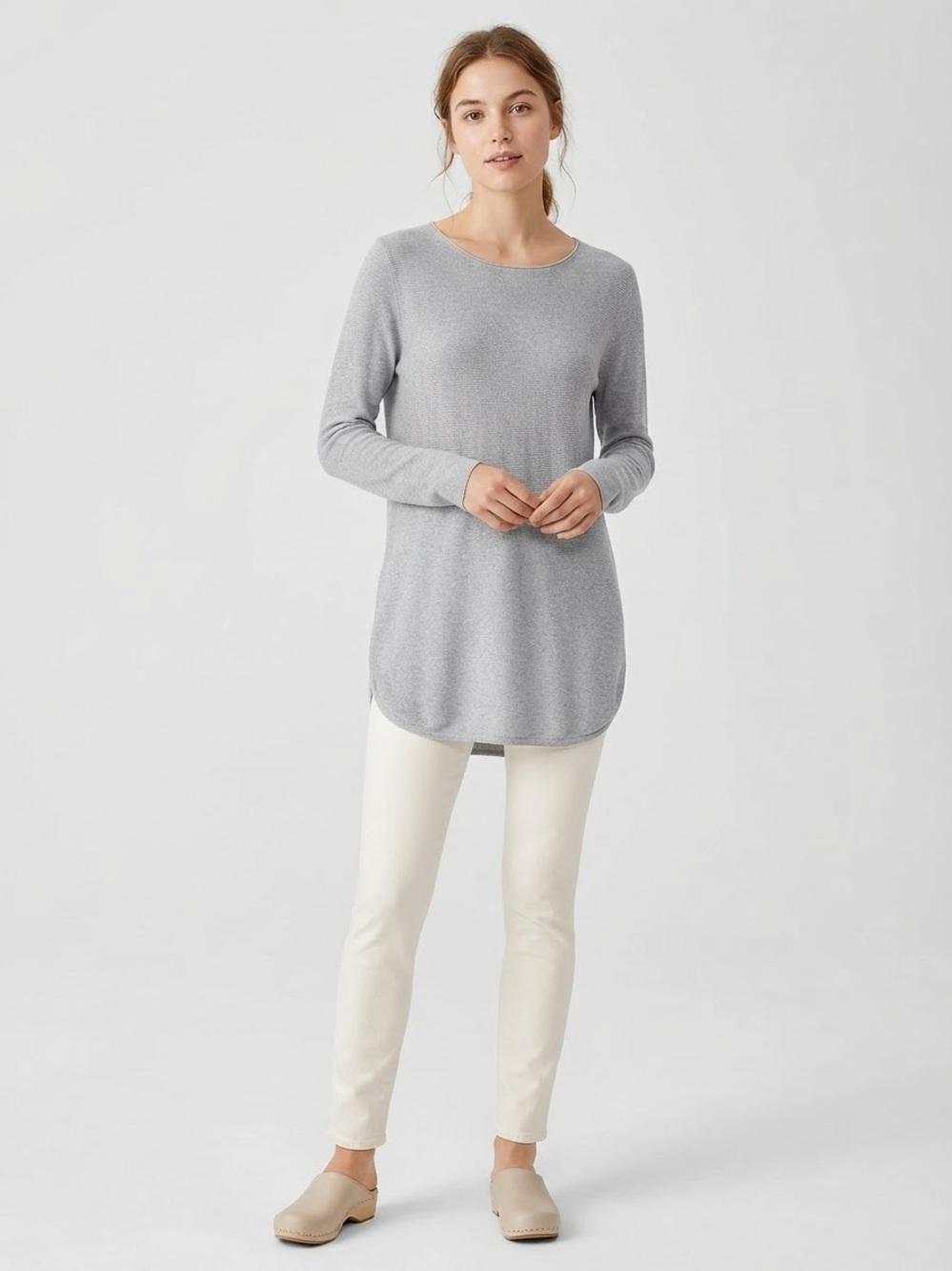 Eileen Fisher Organic Knit Tunic Sweater Light Grey Size L Minimalist Neutral